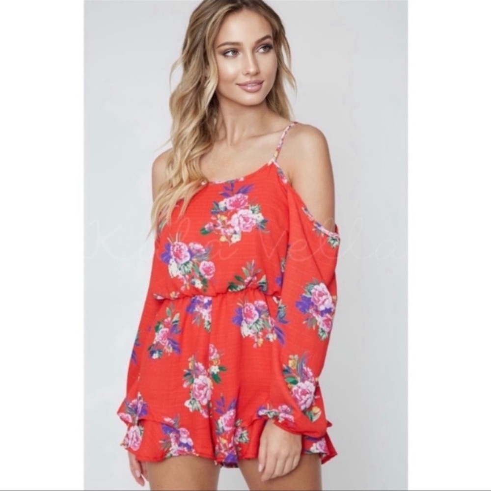 Red cold-shoulder floral romper